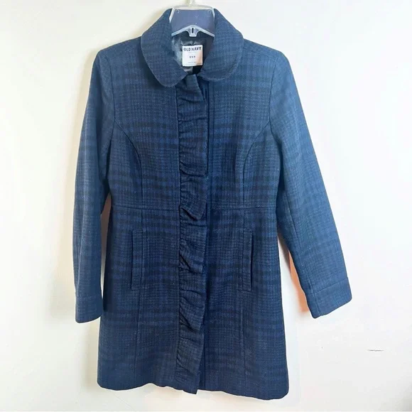 Old Navy Plaid Wool Blend Pea Coat Ruffle Medium Academia Pockets Navy Black - Picture 10 of 10